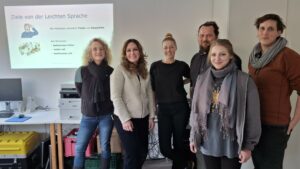 Auf dem Bild ist eine Gruppe Menschen zu sehen, im Hintergrund an der Wand ein Präsentationsslide zu Leichter Sprache.